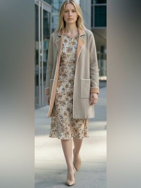 Hem & Thread Camel and Beige Open-Front Coatigan with White Trim